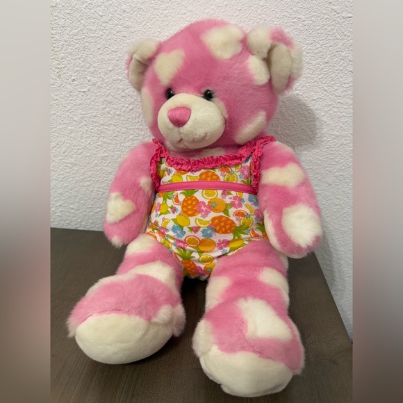 Build-A-Bear Pink Hearts Teddy Bear wearing a fruit-patterned swimsuit - Picture 1 of 7